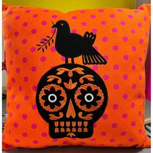 Luis Fitch Day of the Dead Cotton Canvas Pillow Orange Black Skull Embroidered 1